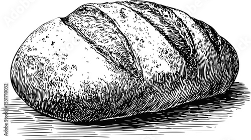 Rustic loaf of bread with cross cuts on a textured surface, black and white sketch. Vector illustration