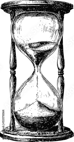 Vintage black and white sketch illustration of an hourglass with sand concept. Vector illustration