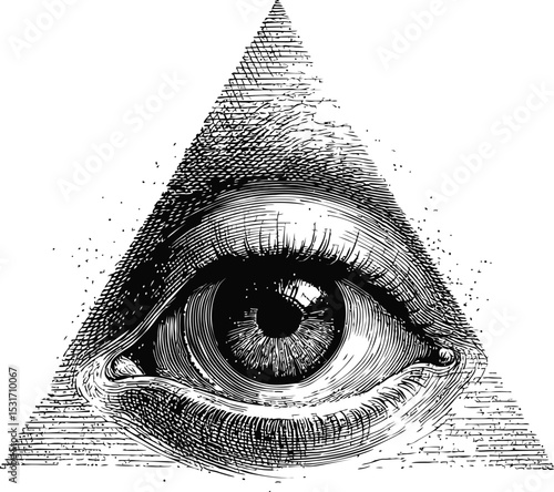 Illustration of an all-seeing eye within a triangle pyramid, black and white sketch. Vector illustration