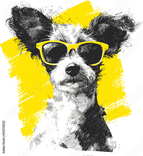 Stylish black and white dog with yellow sunglasses and yellow background art. Vector illustration