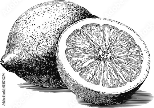 Detailed sketch of whole and halved lemons illustrating citrus textures. Vector illustration