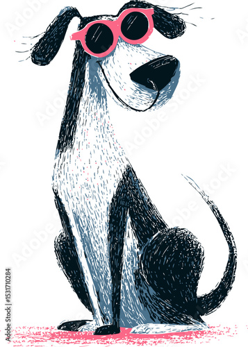 Illustration of a black and white dog wearing pink sunglasses with a playful look in sketch style. Vector illustration