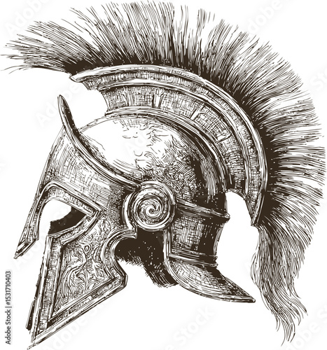 Detailed drawing of an ancient spartan helmet with plume in black and white. Vector illustration