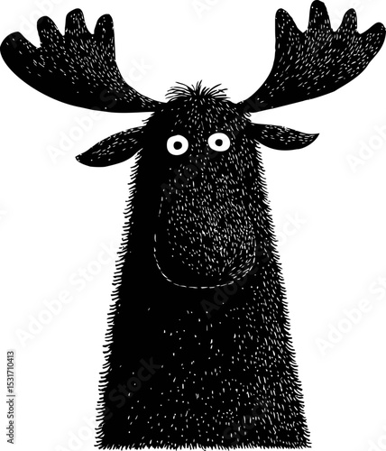 Black and white drawing of a moose with large antlers and cartoon eyes. Vector illustration in sketch style
