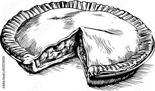 Black and white sketch of a sliced pie with detailed crust and filling. Vector illustration