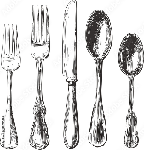 Vintage hand-drawn sketch cutlery set illustration of fork, knife, and spoons. Vector illustration