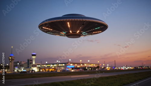UFO hovering over airport at dusk