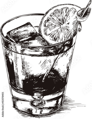 Detailed black and white sketch of a cocktail with lemon and ice in a glass. Vector illustration