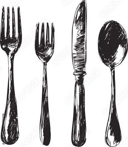 Hand-drawn black and white illustration of cutlery including fork, knife, and spoon. Vector illustration