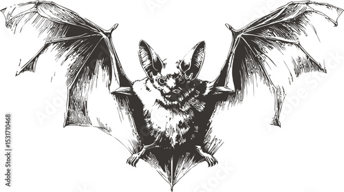 Intricate black and white bat illustration with outstretched wings, art concept. Vector illustration in sketch style