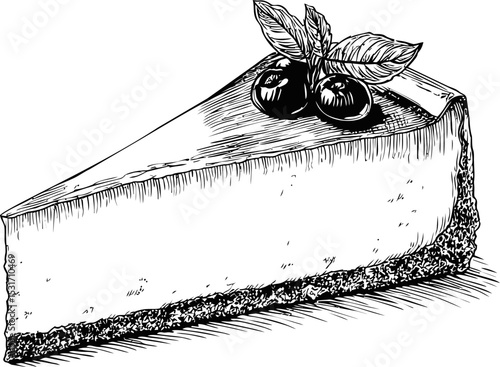 Slice of cheesecake with berries and leaves in black and white sketch. Vector illustration