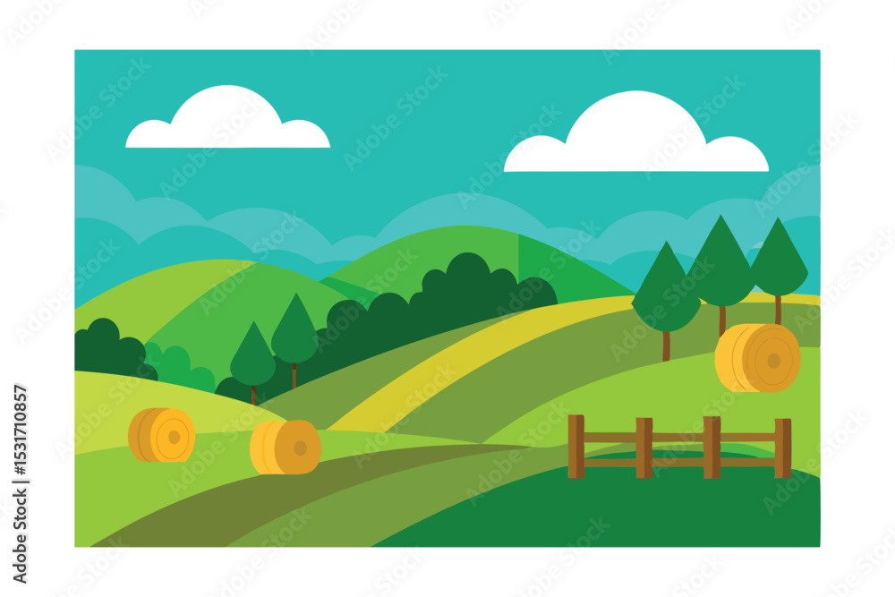 Fototapeta premium Green Valley Landscape with Hay Bales and Wooden Fences