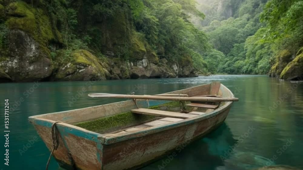Aerial View of Boat Floating on Emerald River Between Lush Green Forest and Cliffs HD Scane Aerial View of Boat Floating on Emerald River Between Lush Green Forest and Cliffs HD Scane