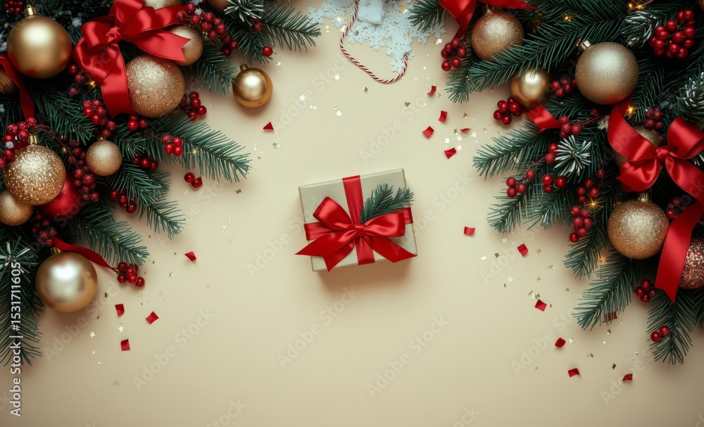 A Christmas Eve scene unfolds in a top-down shot where a meticulously wrapped gift adorned with a vibrant red bow sits nestled amidst a cascade of shimmering gold green and red baubles festive b A Christmas Eve scene unfolds in a top-down shot where a meticulously wrapped gift adorned with a vibrant red bow sits nestled amidst a cascade of shimmering gold green and red baubles festive b