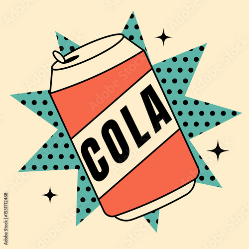 Colorful retro card with soda can. Postcard for drinks design, pop art collections and snack bars. Flat vector illustration in 1950s style