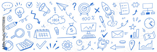 Business money sketch idea icon set. Hand drawn sketch elements for startup, project, goal and teamwork. Business graphic chart, rocket, growth marketing concept in chalkboard. Vector illustration