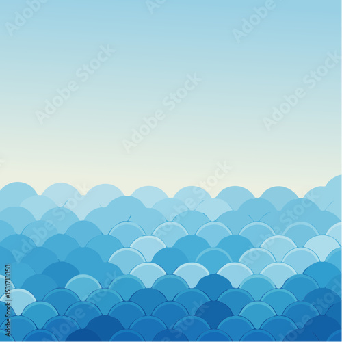 Abstract vector illustration featuring a stylized ocean wave pattern in various shades of blue with a gradient sky background, creating a calming and visually appealing design