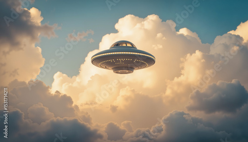 UFO flying through clouds at sunset