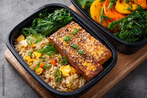 Healthy meal prep with egg fried rice, baked tofu, and sauteed greens