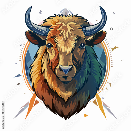 A striking illustration of a bull's head, featuring detailed fur textures, curved horns, and a geometric background design, isolated on a white background.