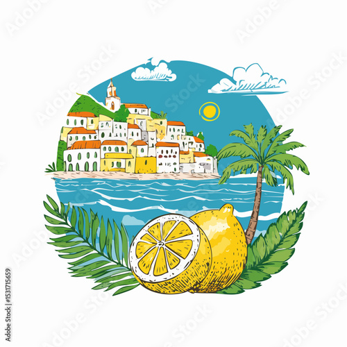A vibrant illustration of a coastal town scene with lemons, palm trees, and blue ocean, perfect for summer and travel themed designs.
