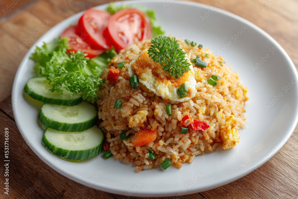 Delicious fried rice with vegetables, egg, and fresh cucumber, served with tomatoes and lettuce Delicious fried rice with vegetables, egg, and fresh cucumber, served with tomatoes and lettuce