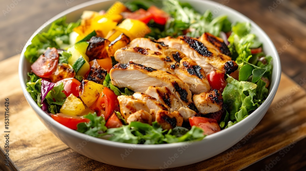 Chicken Salad Bowl with Fresh Vegetables on Wooden Board Chicken Salad Bowl with Fresh Vegetables on Wooden Board