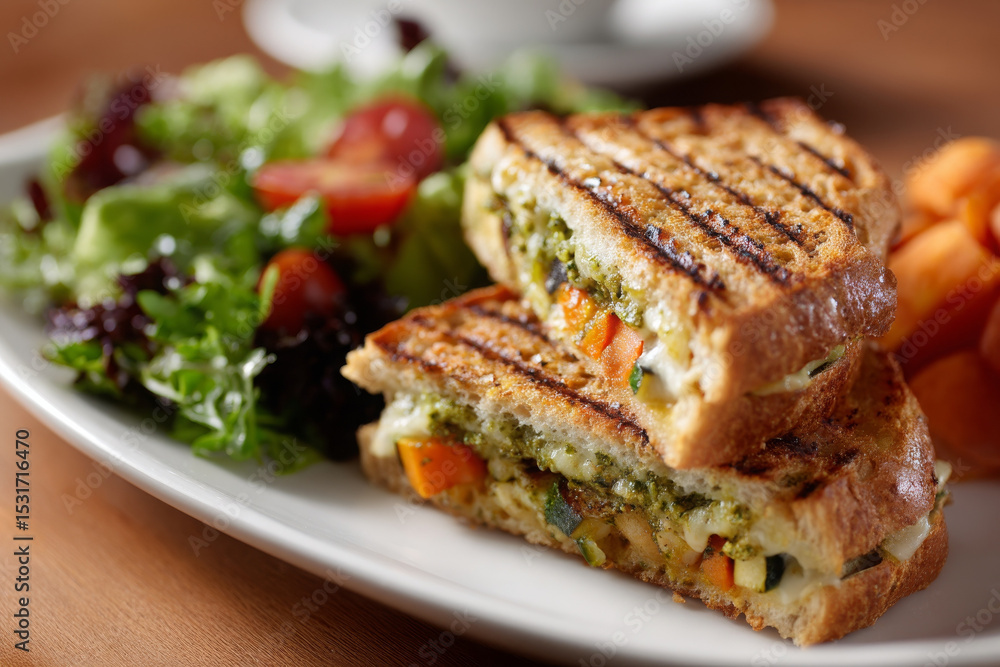 Delicious grilled vegetable panini with cheese and pesto, served with fresh salad and fruit Delicious grilled vegetable panini with cheese and pesto, served with fresh salad and fruit