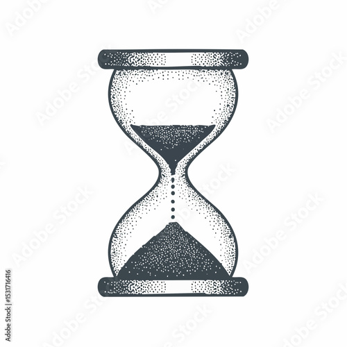 Intricate hand-drawn illustration of an hourglass with a dotted texture, depicting the concept of time, passing moments, and duration.