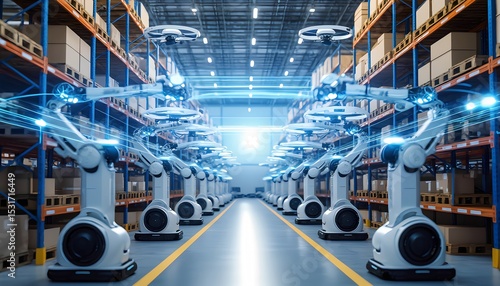 Industrial robots working efficiently in a modern warehouse environment  