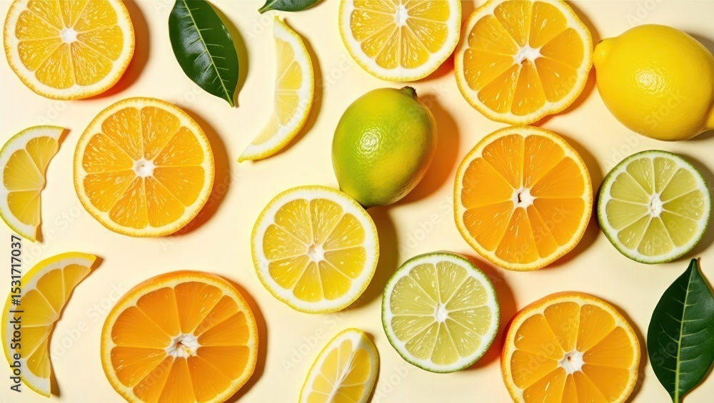 Obraz premium Citrus fruit slices arranged on a pale yellow background.