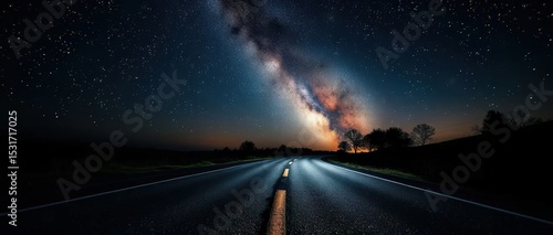 Wide-angle astrophotography shot of a winding asphalt road leading into the horizon under a vibrant Milky Way galaxy
