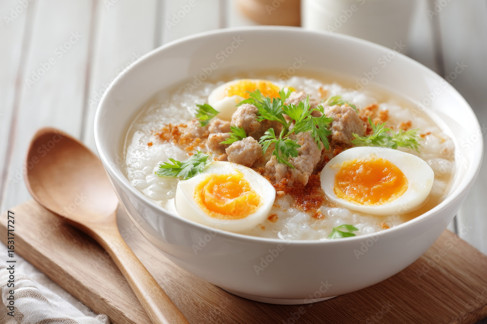 Creamy rice porridge with minced pork, soft boiled eggs, and fresh herbs garnished Creamy rice porridge with minced pork, soft boiled eggs, and fresh herbs garnished