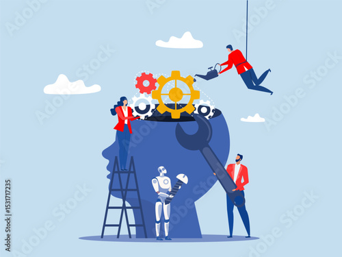 Team for mechanical repairs,diverse people adjusting a gear mechanism inside the head silhouette,Business Improvement concept. vector