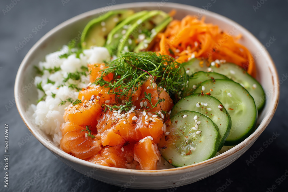 Delicious salmon poke bowl with sushi rice, avocado, cucumber, and carrots, garnished with herbs Delicious salmon poke bowl with sushi rice, avocado, cucumber, and carrots, garnished with herbs