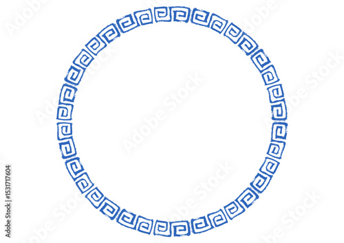 中華風フレーム。筆タッチの手描き雷紋。青の円形