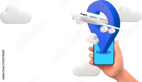 smartphone with airplane is taking off and cloud. Can for making advertising media about tourism and travel concept, holiday vacation, worldwide trip journey,
