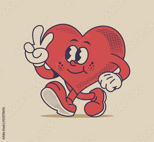 cute retro heart cartoon character in groovy style. colorful, fun, and playful design perfect for sticker, logo, and vector illustration