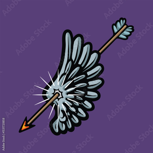 Wing getting hit by golden arrow cartoon vector illustration