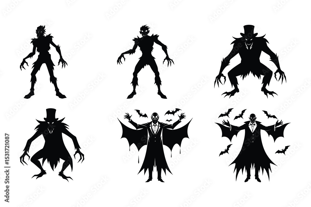 Fototapeta premium Set of halloween vector silhouettes featuring spooky vampires and creatures with dark gothic designs