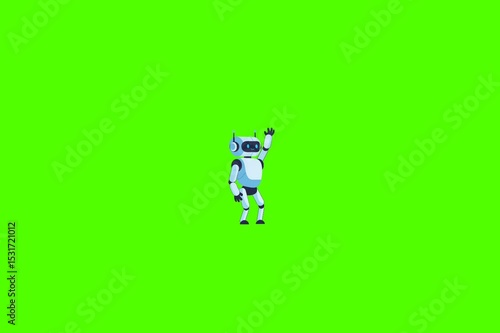 Animation of humanoid robot waving hand on chroma key green background. Suitable for tech content, AI, science education, or futuristic themed video overlay effect.