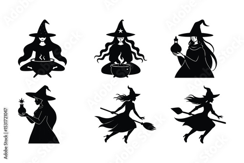 Set of witch silhouettes in various poses with cauldron potions and flying broomsticks