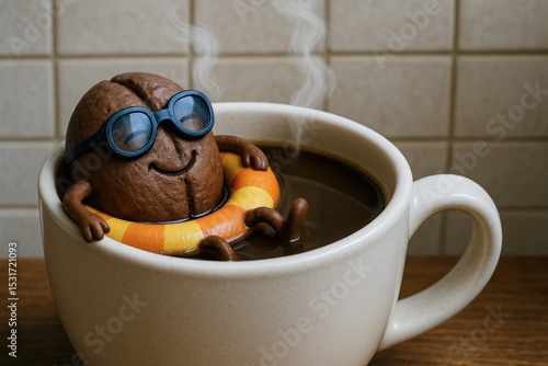 Smiling cartoon coffee bean relaxing in a steaming cup with float and sunglasses, symbolizing joy, warmth, and playful coffee culture.
