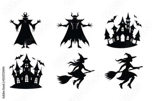 Spooky halloween silhouettes featuring creepy castles evil demons flying witches and bats