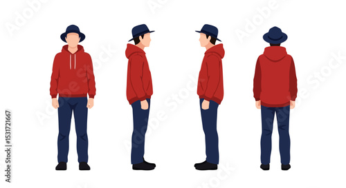 Man in Hoodie: Front, Side, and Back Views