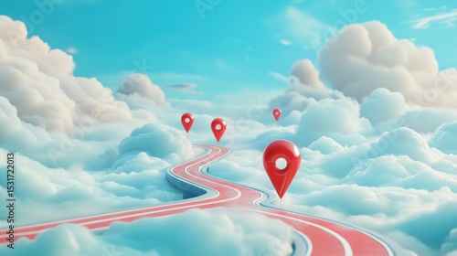 Cloud-based road with location markers, leading to a destination.  A surreal, stylized, 