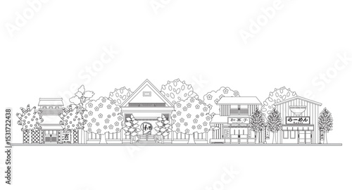 日本の町並みのイラスト. 日本の春. 塗り絵.
