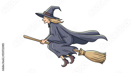 Illustration of a witch flying on a broomstick for halloween or fantasy themes