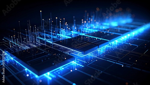 Abstract representation of binary data depicted as luminous blue lines against a dark background