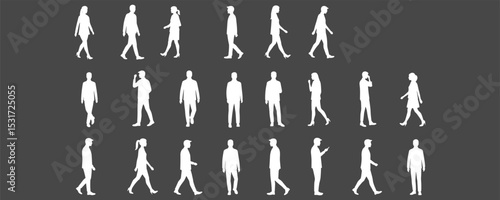 Silhouette Vector of Walking Men and Women, Urban Character Outlines, Office People, Minimalist Pose Collection, Casual and Business Style, Flat Modern Human Figures
